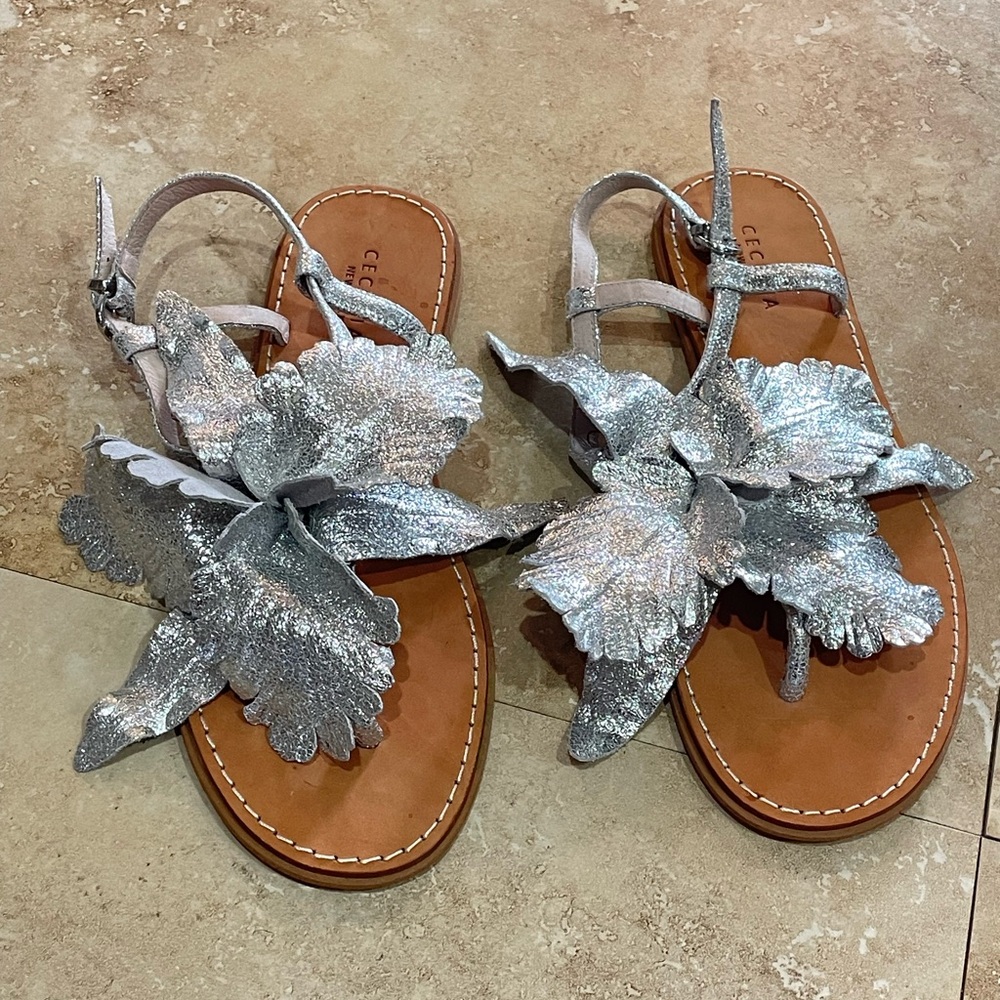 Anthropologie Cecelia New York Silver Peony Sandal Size 8.5